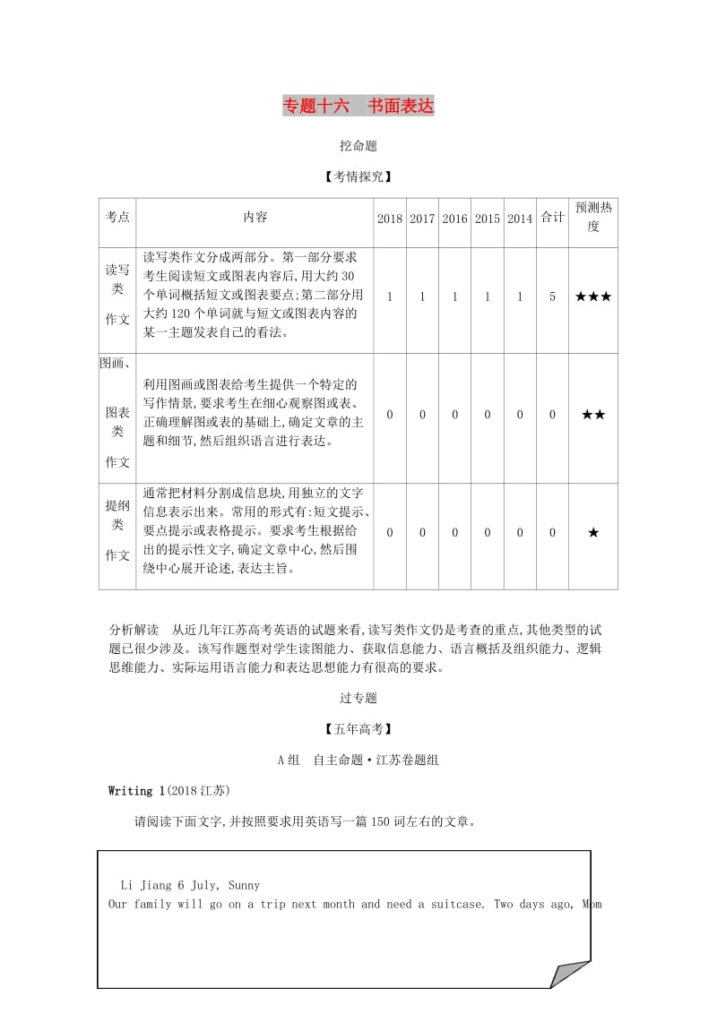 江苏省2020年高考英语总复习 专题十六 书面表达学案（含解析）.docx_第1页