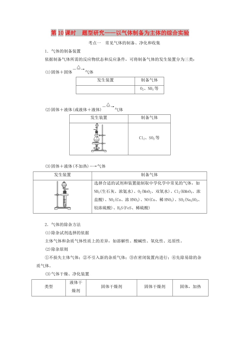 （新课改省份专版）2020高考化学一轮复习 4.10 题型研究 以气体制备为主体的综合实验学案（含解析）.doc_第1页