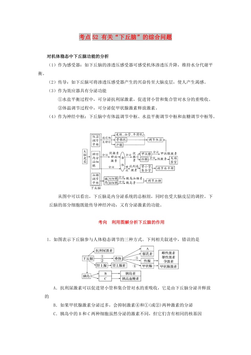 2019年高考生物 考点一遍过 考点52 有关“下丘脑”的综合问题（含解析）.doc_第1页