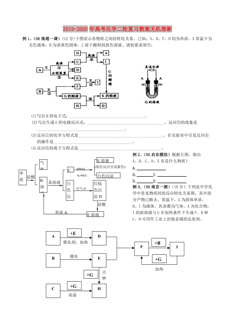 2019-2020年高考化学二轮复习教案无机推断.doc_第1页