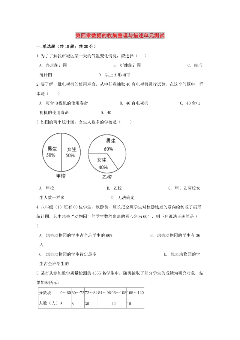 七年级数学上册 第四章 数据的收集、整理与描述单元测试 （新版）青岛版.doc_第1页