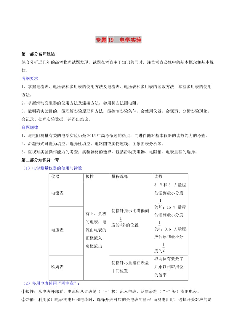 2019年高考物理备考 中等生百日捷进提升系列 专题19 电学实验（含解析）.docx_第1页