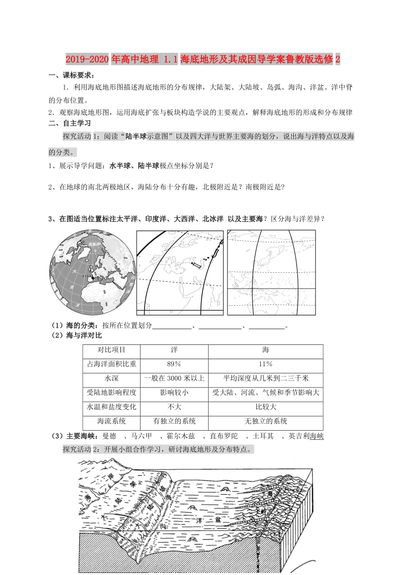 2019-2020年高中地理 1.1海底地形及其成因导学案鲁教版选修2.doc_第1页