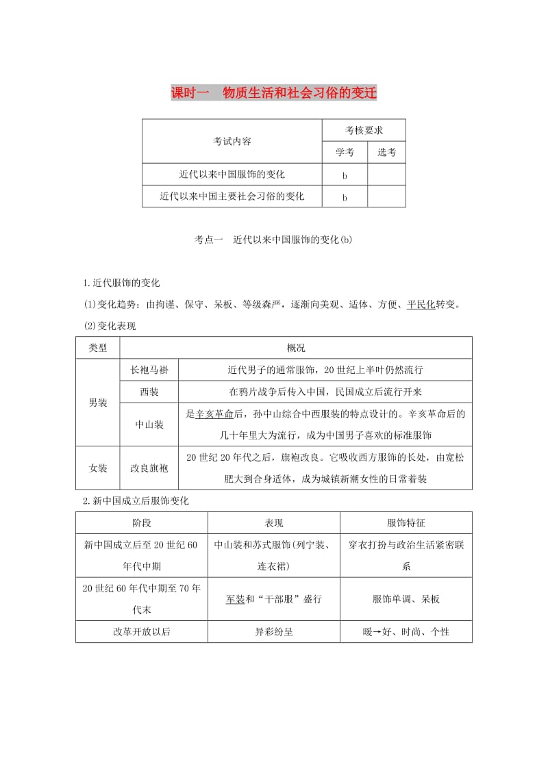 （浙江专用）2018-2019学年高中历史 专题四 中国近现代社会生活的变迁 课时一 物质生活和社会习俗的变迁学案 人民版必修2.doc_第1页