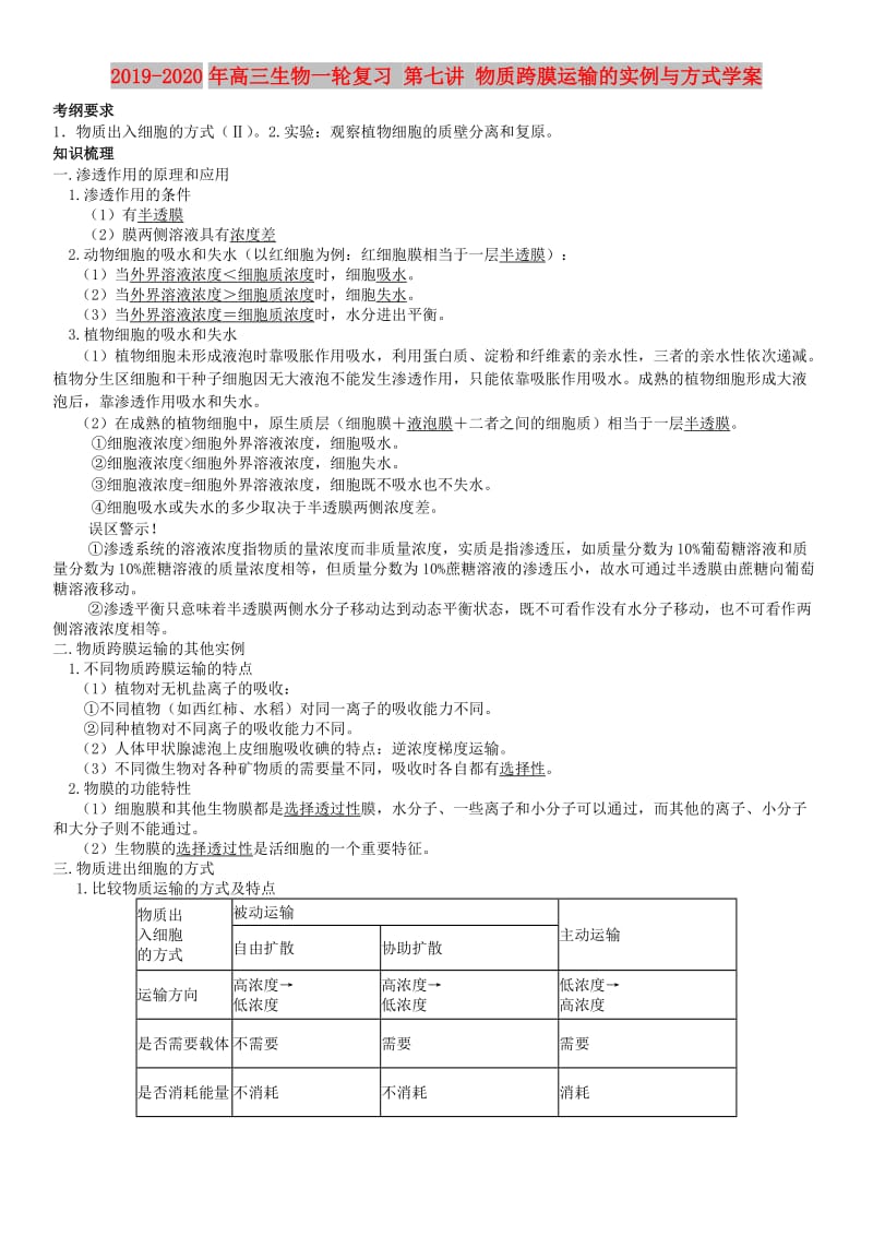 2019-2020年高三生物一轮复习 第七讲 物质跨膜运输的实例与方式学案.doc_第1页