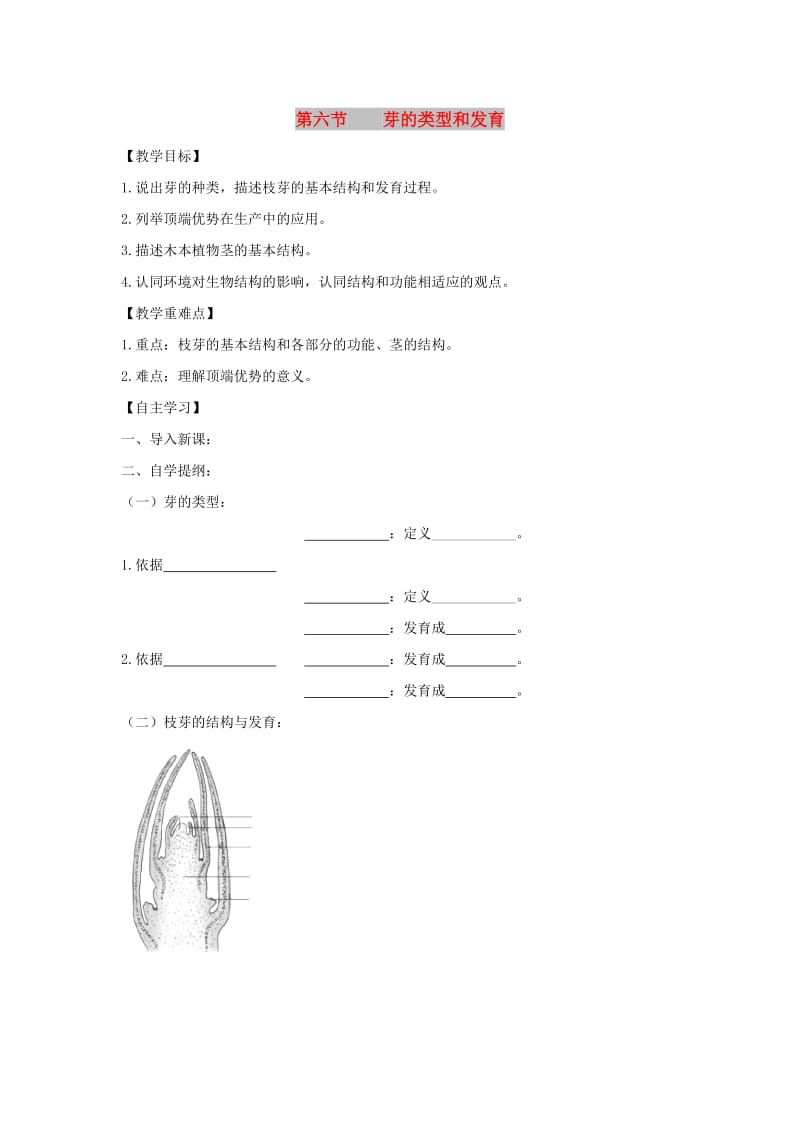 八年级生物上册 4.1.6《芽的类型和发育》导学案（新版）济南版.doc_第1页