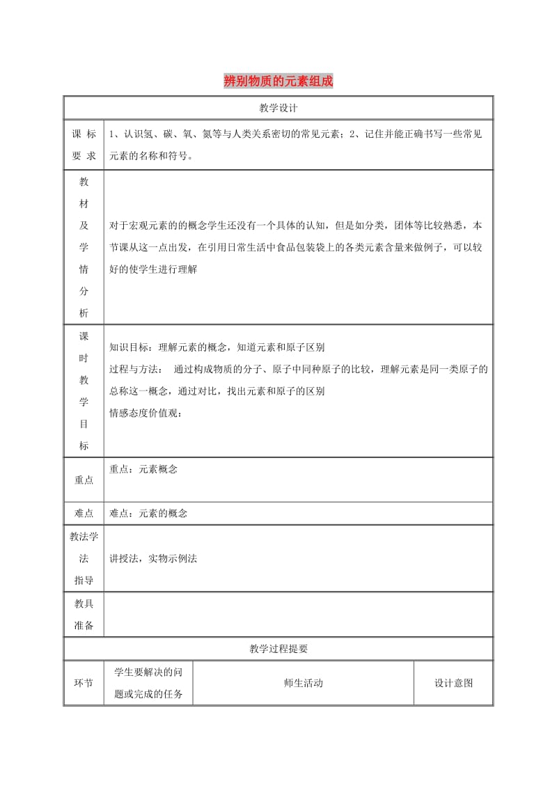 九年级化学上册 第2章 空气、物质的构成 2.4 辨别物质的元素组成（第1课时）教案 粤教版.doc_第1页