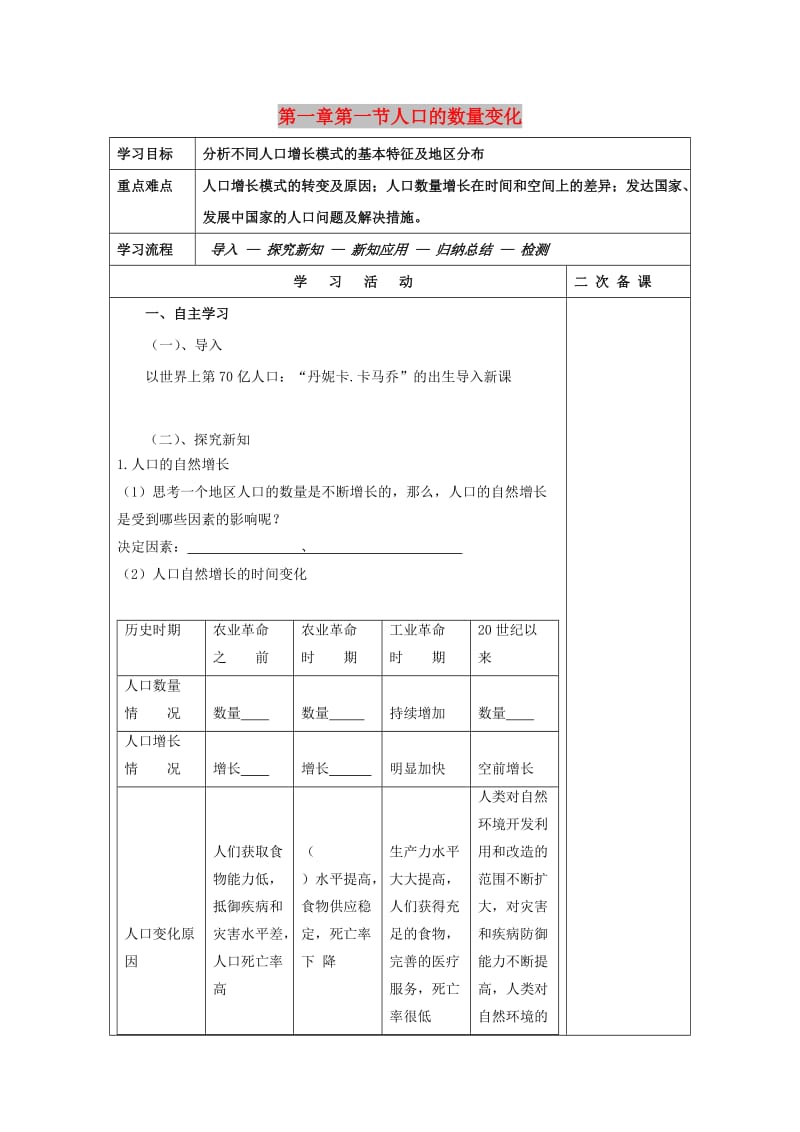 吉林省伊通满族自治县高中地理 第一章 人口的变化 第一节 人口数量变化学案 新人教版必修2.doc_第1页