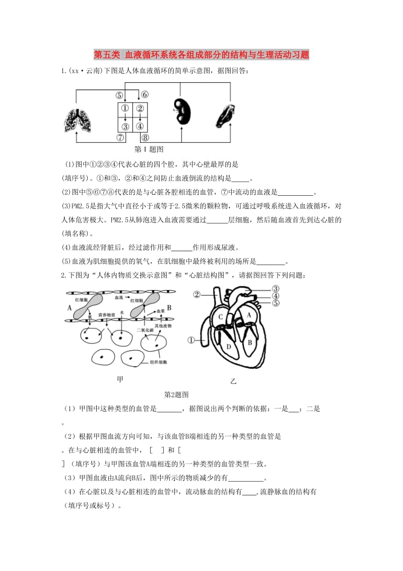 中考生物总复习 第二部分 重点题型探究 题型二 识图题 第五类 血液循环系统各组成部分的结构与生理活动习题.doc_第1页