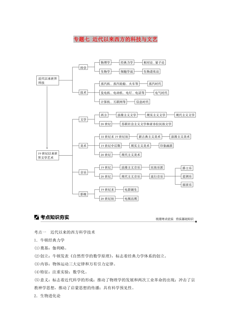 通用版2019版高考历史二轮复习与增分策略板块二近代史部分专题七近代以来西方的科技与文艺学案.doc_第1页