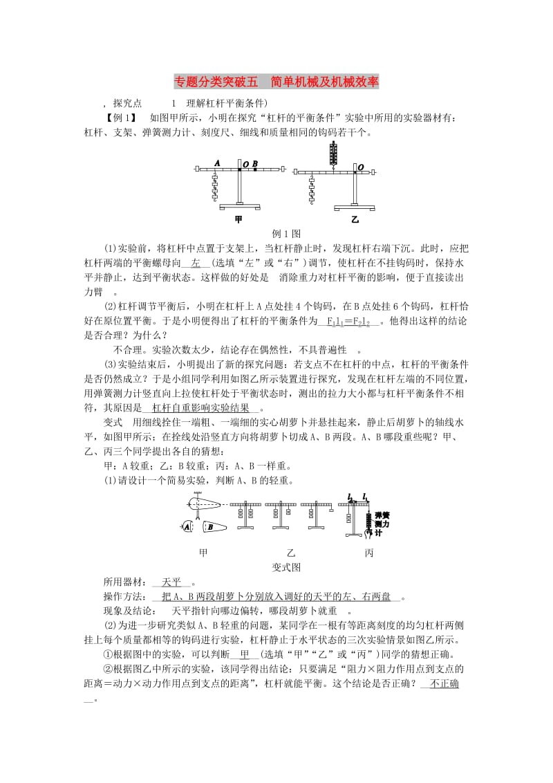 九年级科学上册 第3章 能量的转化与守恒 专题分类突破五 简单机械及机械效率练习 （新版）浙教版.doc_第1页