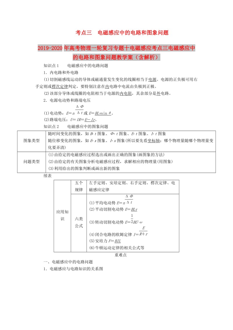 2019-2020年高考物理一轮复习专题十电磁感应考点三电磁感应中的电路和图象问题教学案（含解析）.doc_第1页