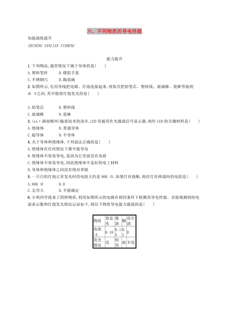 九年级物理全册11.6探究-不同物质的导电性能课后习题新版北师大版.doc_第1页