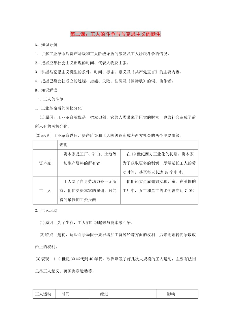 八年级历史与社会下册 第七单元 席卷全球的工业文明浪潮 7.2《工人的斗争与马克思主义的诞生》教案 新人教版.doc_第1页