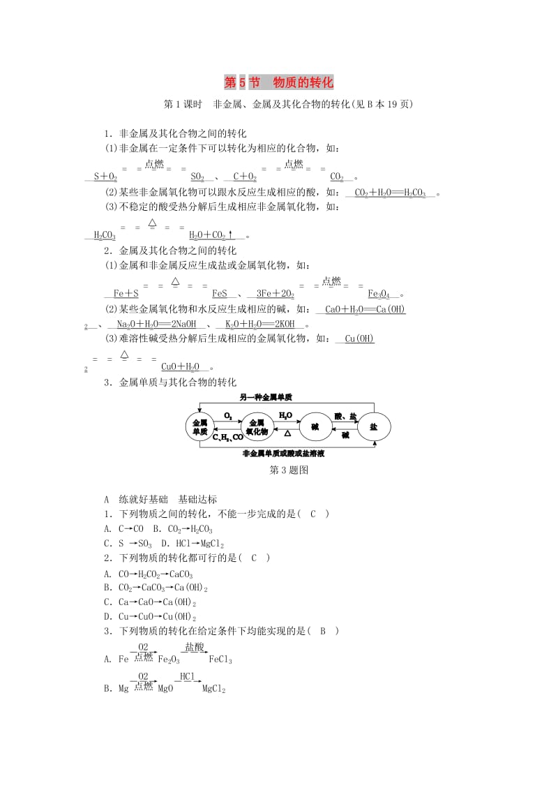 九年级科学上册 第2章 物质转化与材料利用 第5节 物质的转化 第1课时 非金属、金属及其化合物的转化练习 浙教版.doc_第1页