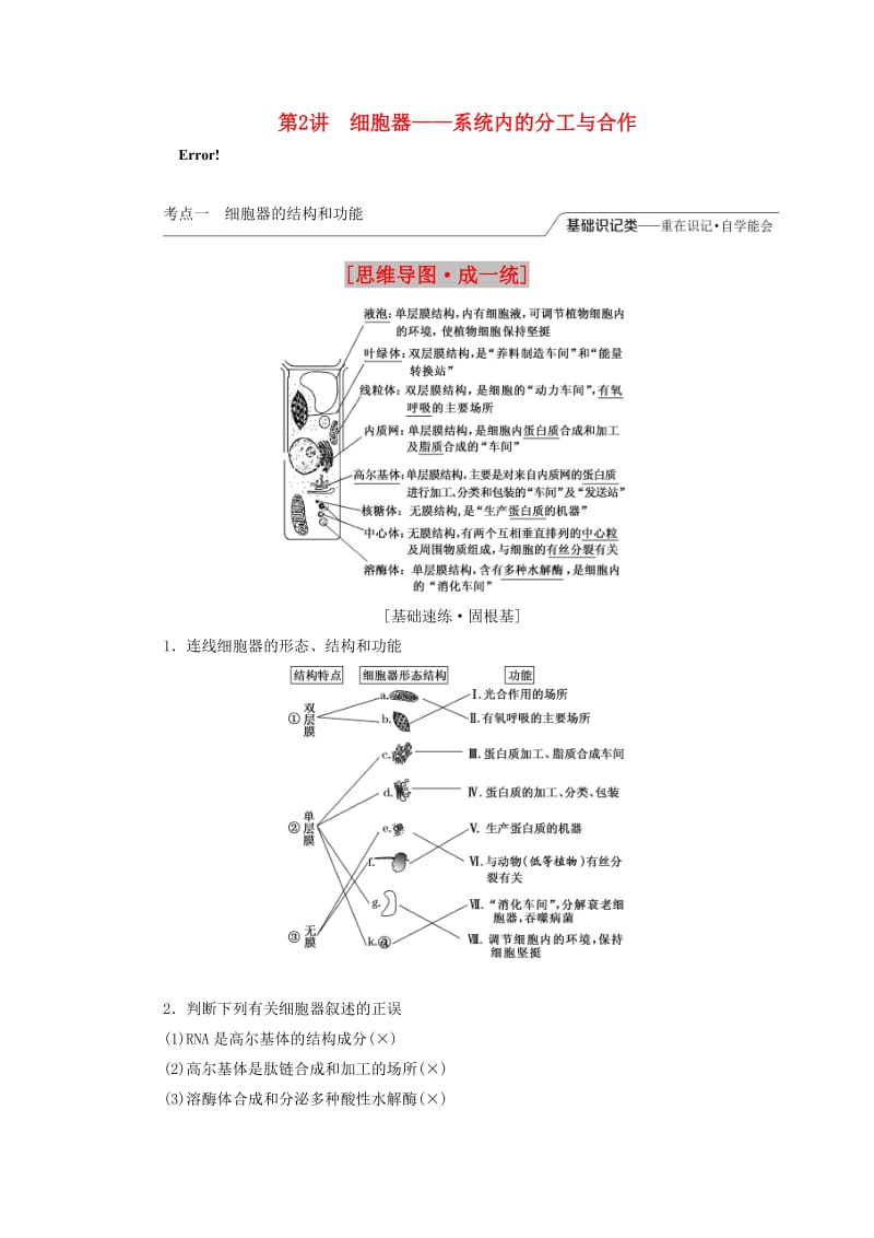 （江苏专版）2020版高考生物一轮复习 第二单元 第2讲 细胞器——系统内的分工与合作讲义（含解析）（必修1）.doc_第1页