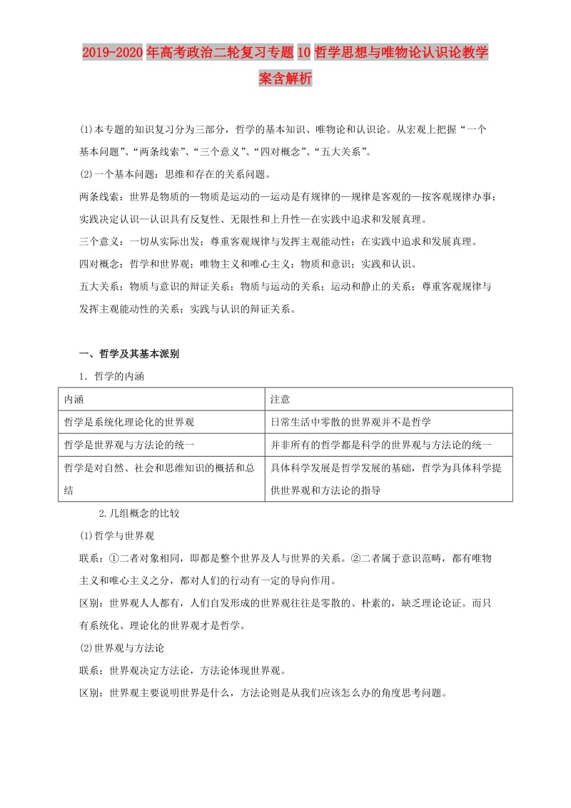 2019-2020年高考政治二轮复习专题10哲学思想与唯物论认识论教学案含解析.doc_第1页