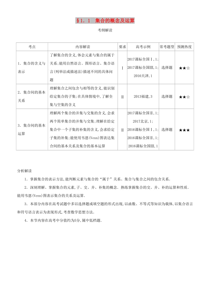 2019高考数学一轮复习 第一章 集合与常用逻辑用语 1.1 集合的概念及运算练习 文.doc_第1页