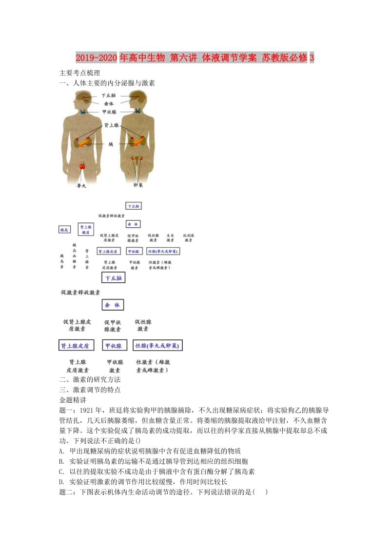 2019-2020年高中生物 第六讲 体液调节学案 苏教版必修3.doc_第1页