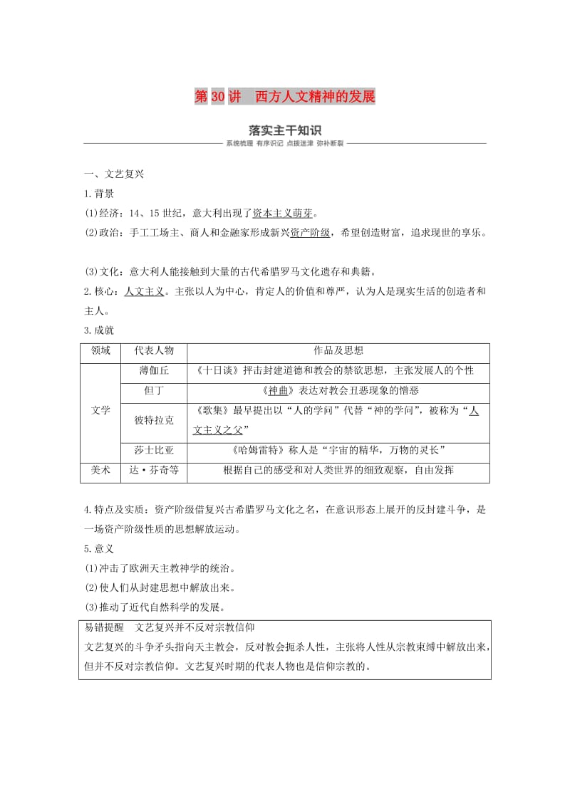 2019届高考历史一轮复习 第十二单元 西方近代工业文明的前奏(15～18世纪)第30讲 西方人文精神的发展学案 新人教版.doc_第1页