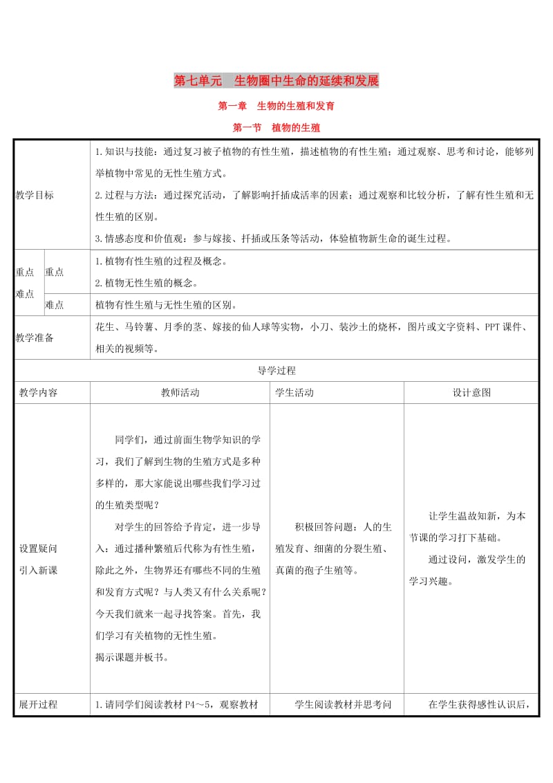 八年级生物下册 第七单元 生物圈中生命的延续和发展 第一章 生物的生殖和发育 第1节 植物的生殖教案 新人教版.doc_第1页