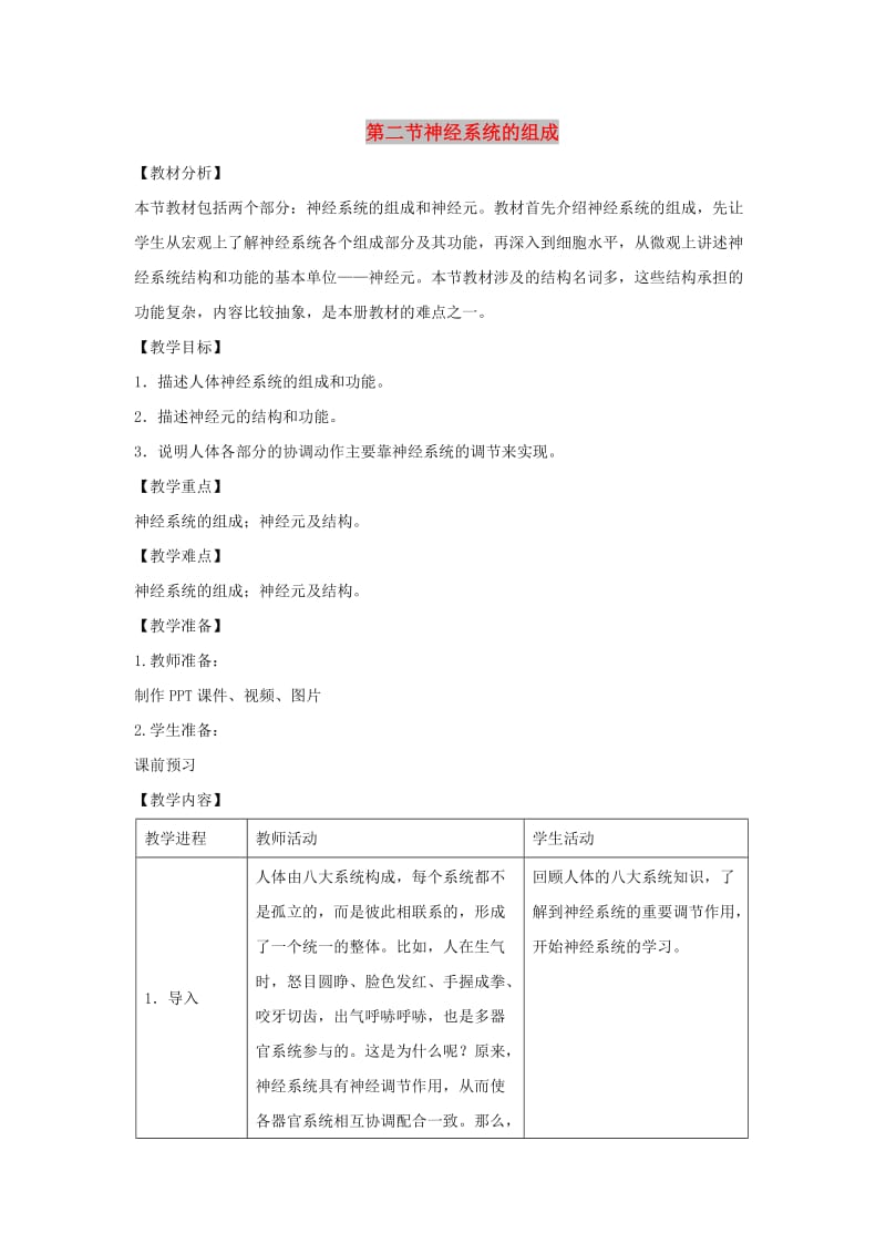 七年级生物下册 4.6.2《神经系统的组成》教案2 （新版）新人教版.doc_第1页