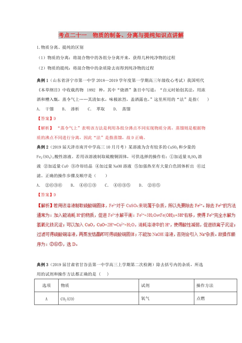 2019高考化学 考点必练 专题21 物质的制备、分离与提纯知识点讲解.doc_第1页