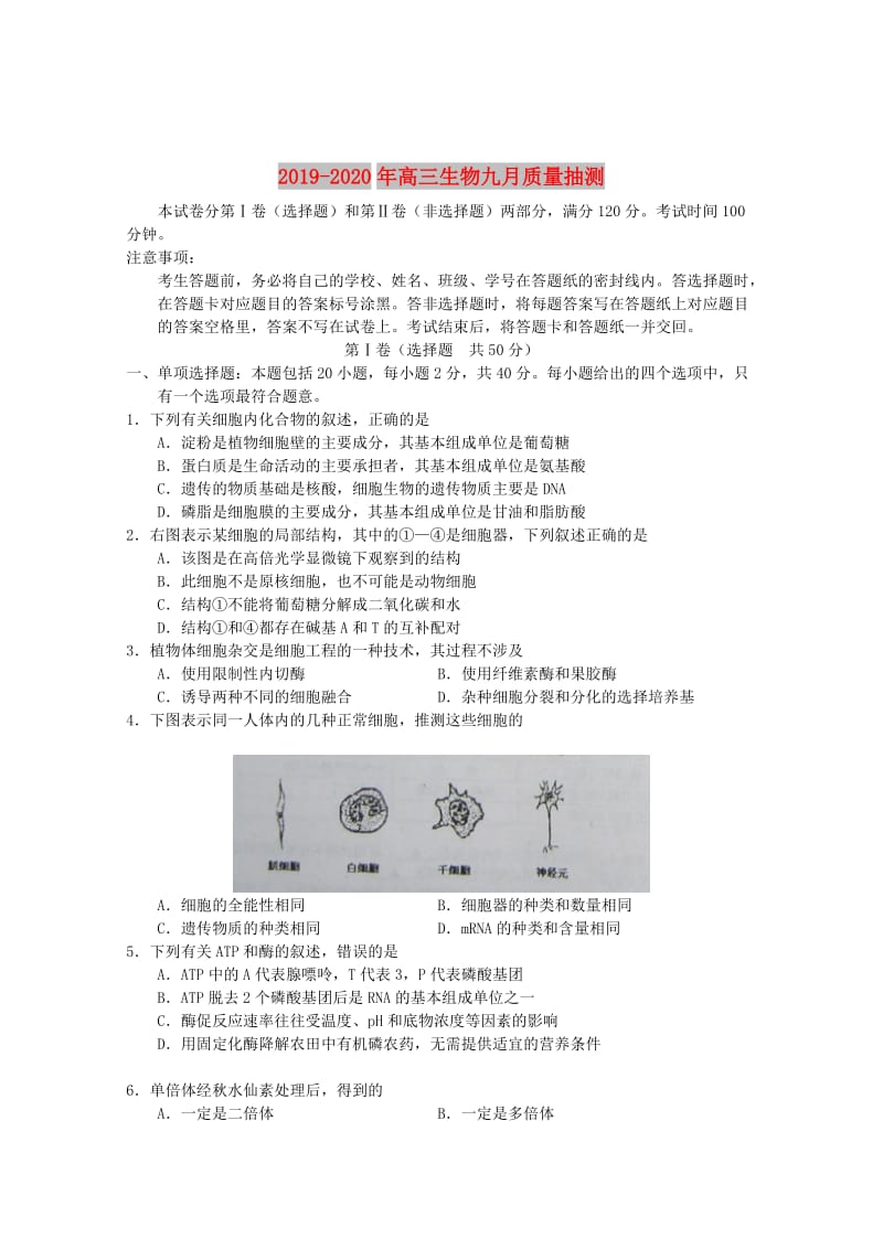 2019-2020年高三生物九月质量抽测.doc_第1页