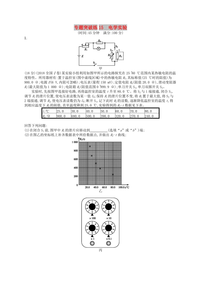 2019版高考物理二轮复习 专题六 物理实验 专题突破练15 电学实验.doc_第1页