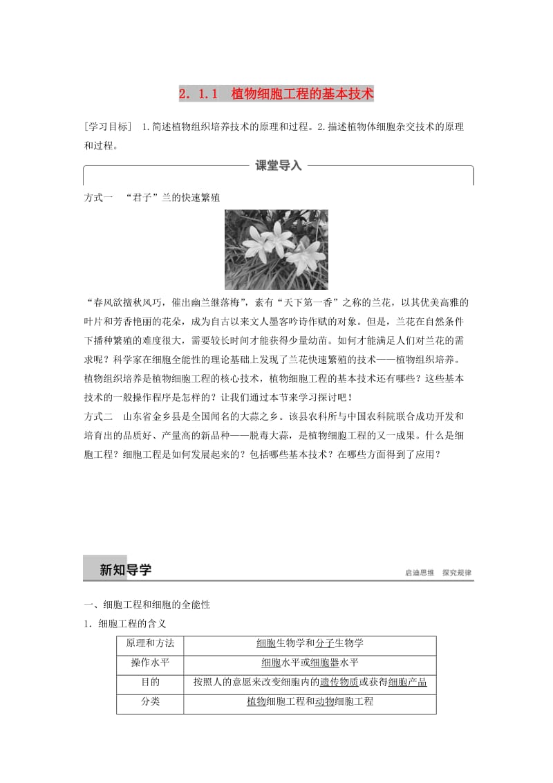 2018-2019学年高中生物 专题2 细胞工程 2.1 植物细胞工程 2.1.1 植物细胞工程的基本技术学案 新人教版选修3.doc_第1页