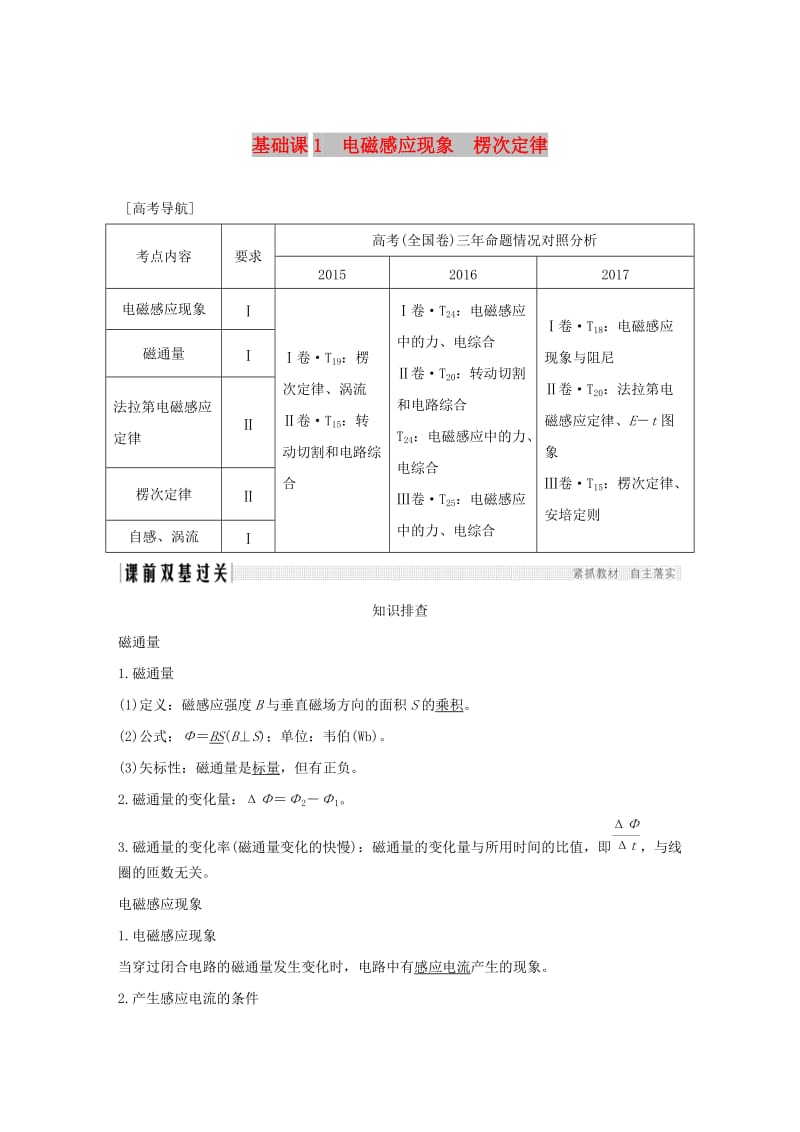 2019版高考物理总复习 第十章 电磁感应 基础课1 电磁感应现象 楞次定律学案.doc_第1页