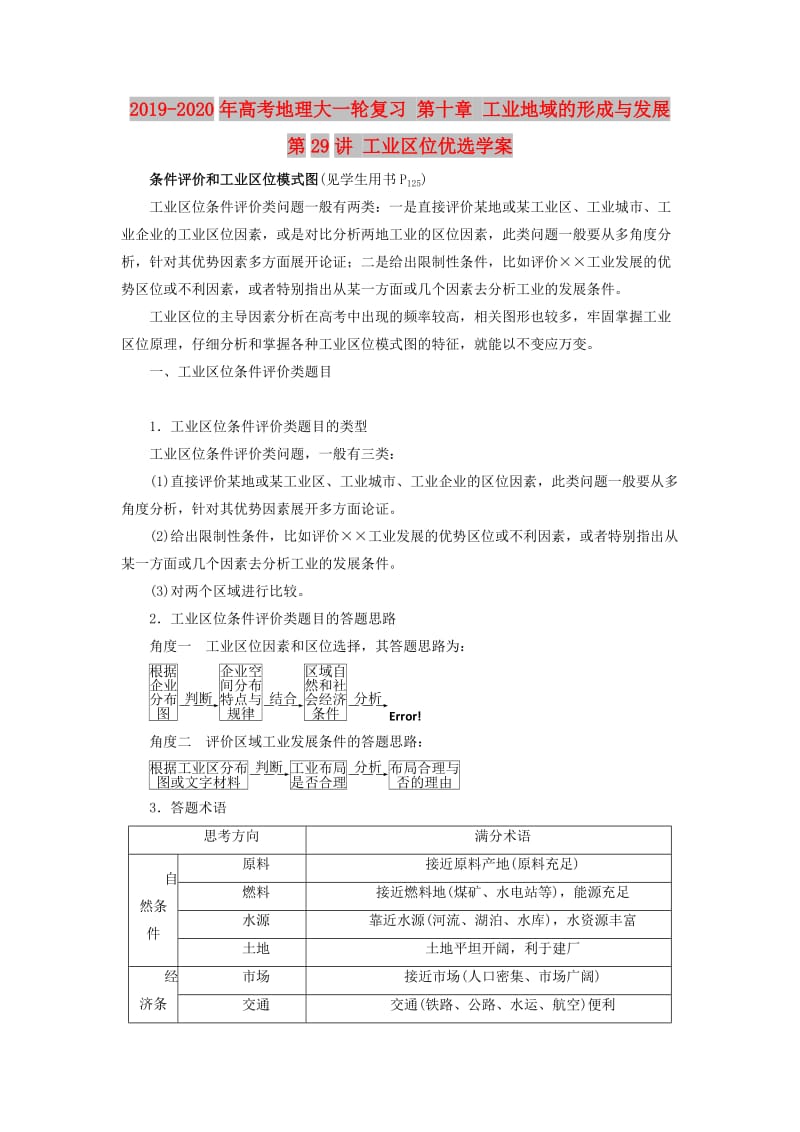 2019-2020年高考地理大一轮复习 第十章 工业地域的形成与发展 第29讲 工业区位优选学案.doc_第1页