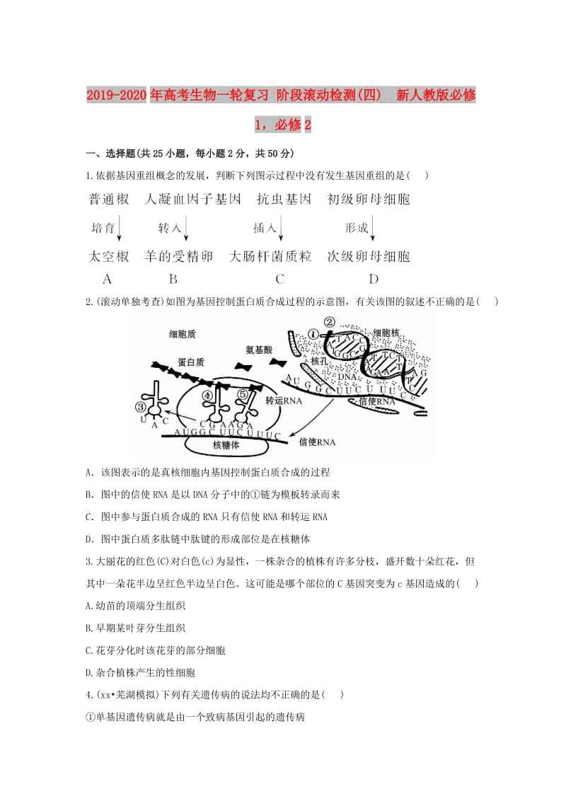 2019-2020年高考生物一轮复习 阶段滚动检测(四) 新人教版必修1必修2.doc_第1页