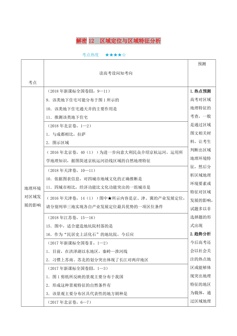 2019年高考地理 高频考点解密 专题12 区域定位与区域特征分析.doc_第1页