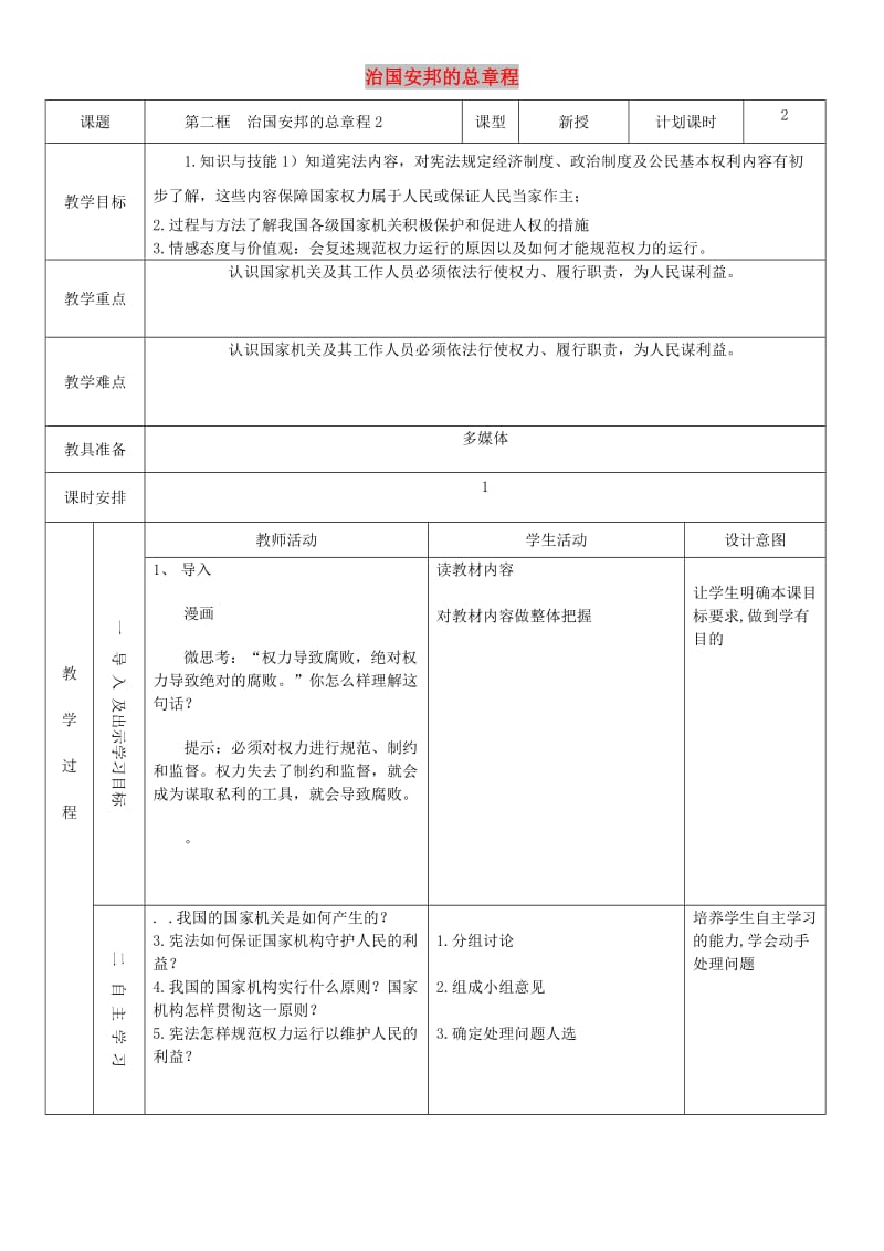 八年级道德与法治下册 第一单元 坚持宪法至上 第一课 维护宪法权威 第2框 治国安邦的总章程教案2 新人教版.doc_第1页