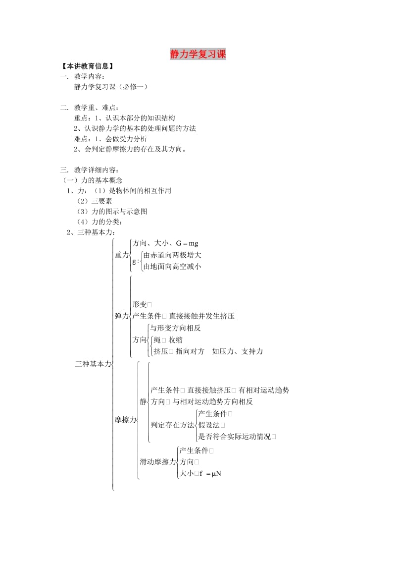 2018高考物理第一轮复习 专题 静力学复习课学案 鲁科版.doc_第1页