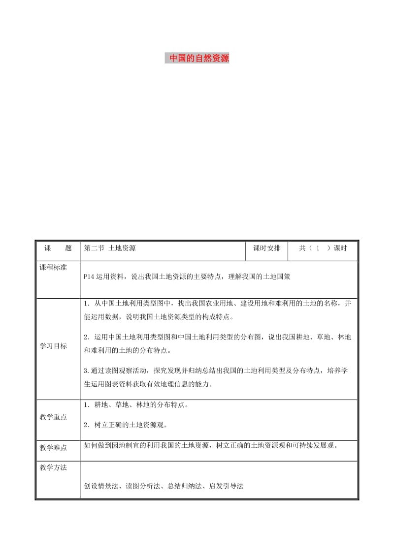 河南省八年级地理上册 3.2土地资源教案 （新版）新人教版.doc_第1页