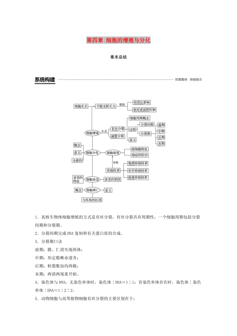 2018-2019版高中生物 第四章 细胞的增殖与分化章末总结学案 浙科版必修1.doc_第1页