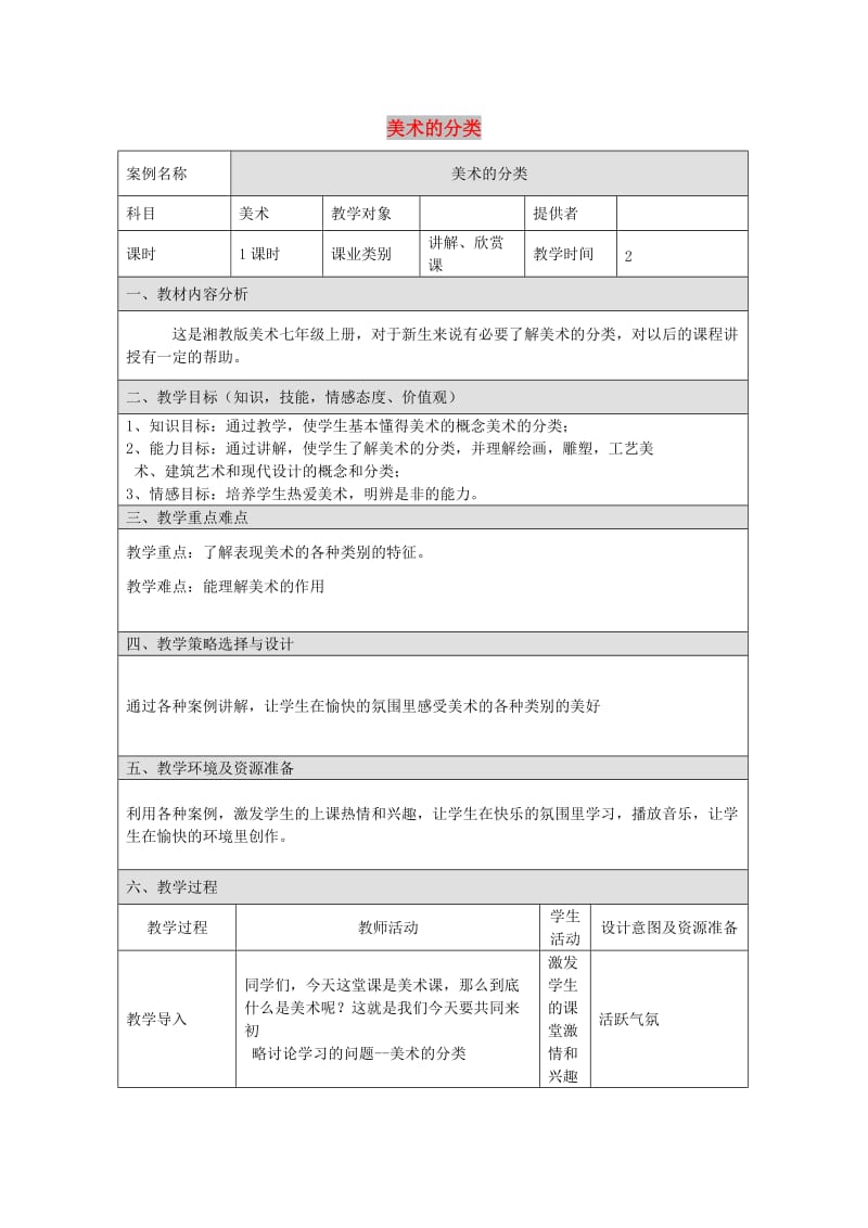 九年级美术下册《美术的门类》教案1 湘美版.doc_第1页