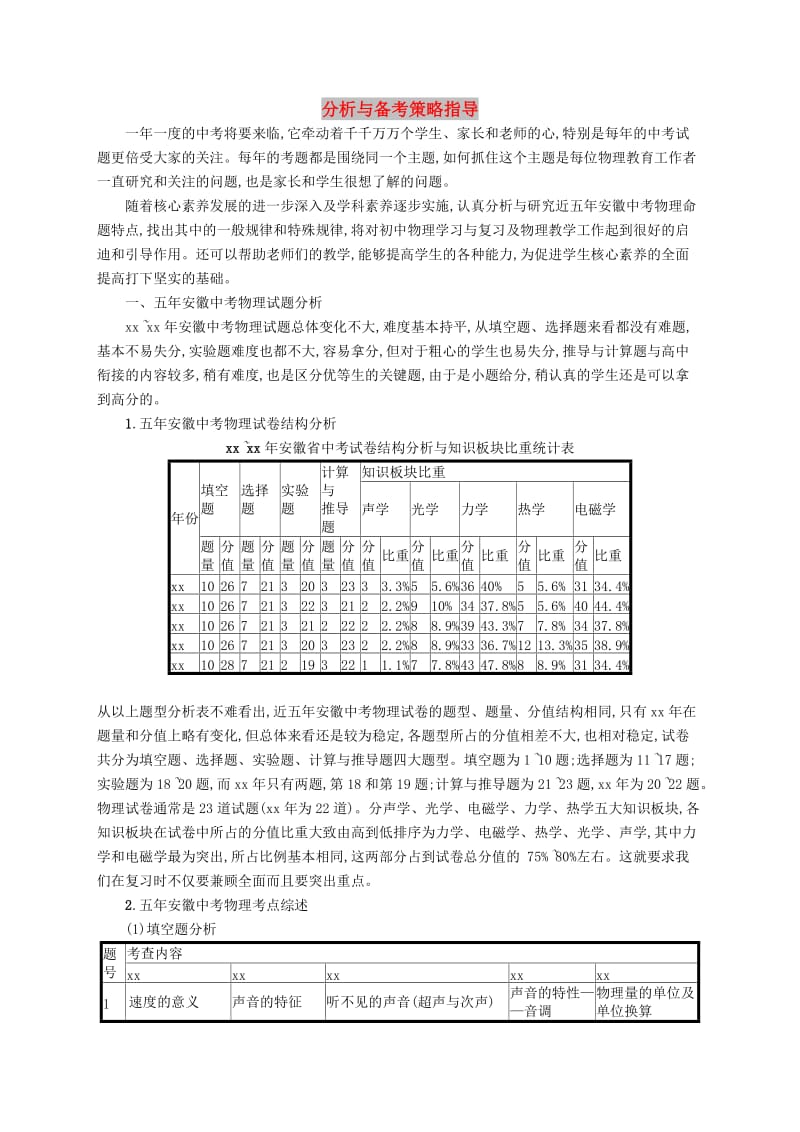 （课标通用）安徽省2019年中考物理总复习 试卷分析与备考策略指导（近五年）.doc_第1页