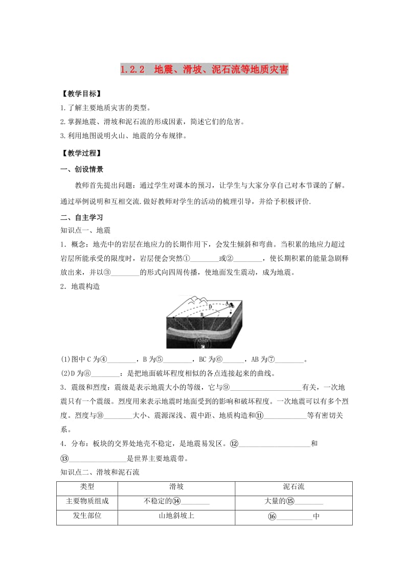 2018年高中地理 第1章 自然灾害与人类活动 1.2.2地震、滑坡、泥石流等地质灾害教学案 新人教版选修5.doc_第1页