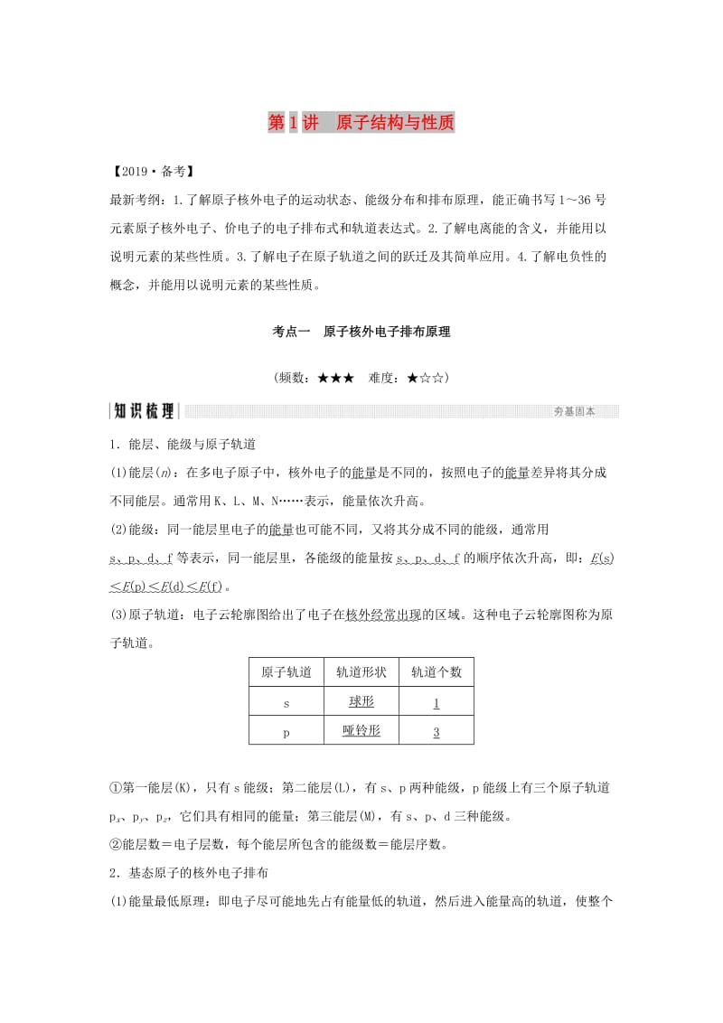 （全国通用版）2019版高考化学大一轮复习 第十一章 物质结构与性质 第1讲 原子结构与性质学案.doc_第1页