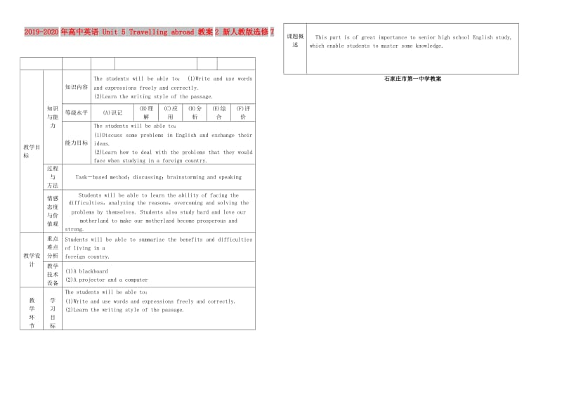 2019-2020年高中英语 Unit 5 Travelling abroad 教案2 新人教版选修7.doc_第1页