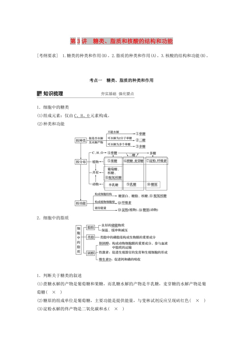 （江苏专用）2020版高考生物新导学大一轮复习 第一单元 细胞的化学组成 第3讲 糖类、脂质和核酸的结构和功能讲义（含解析）苏教版.docx_第1页