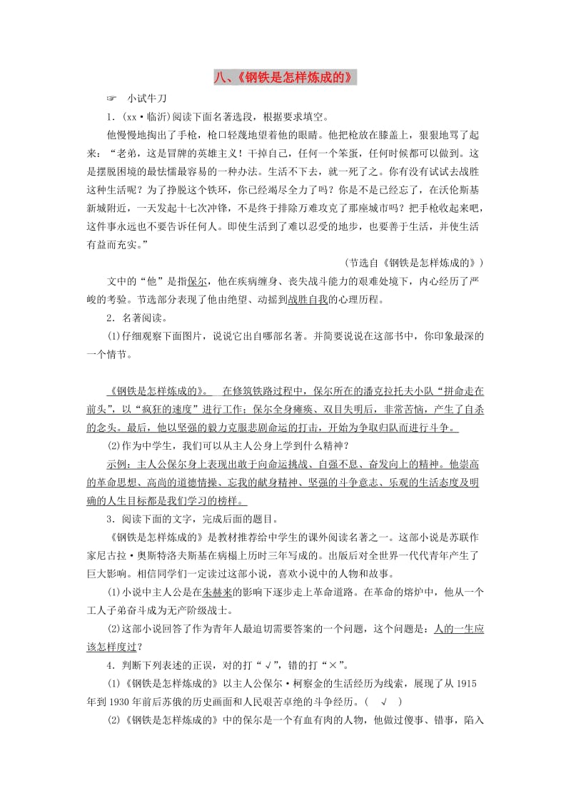 广西专用2019中考语文常考名著分类集训8钢铁是怎样炼成的.doc_第1页