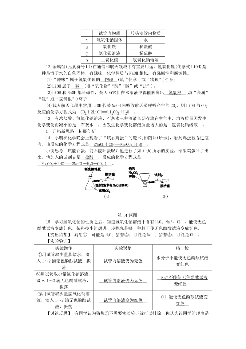 九年级科学上册 第1章 物质及其变化 第4节 常见的碱 第1课时 碱有哪些性质练习 （新版）浙教版.doc_第3页