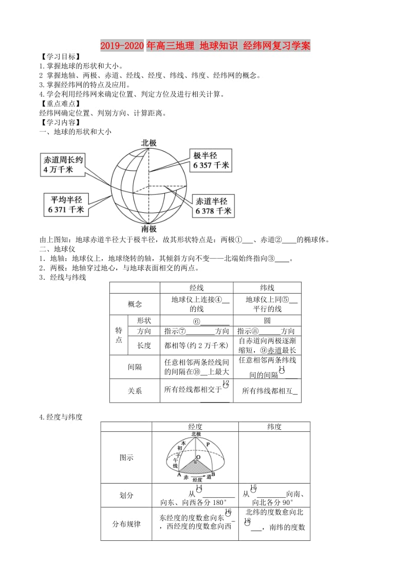 2019-2020年高三地理 地球知识 经纬网复习学案.doc_第1页