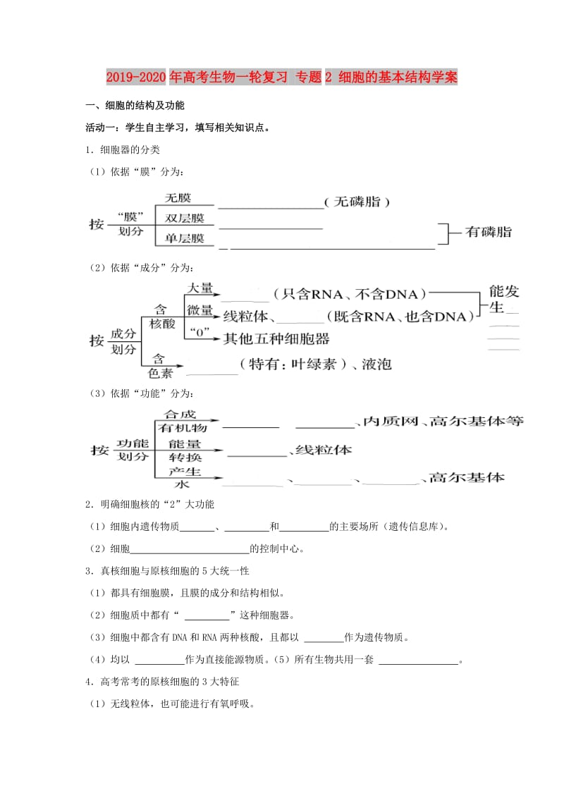 2019-2020年高考生物一轮复习 专题2 细胞的基本结构学案.doc_第1页