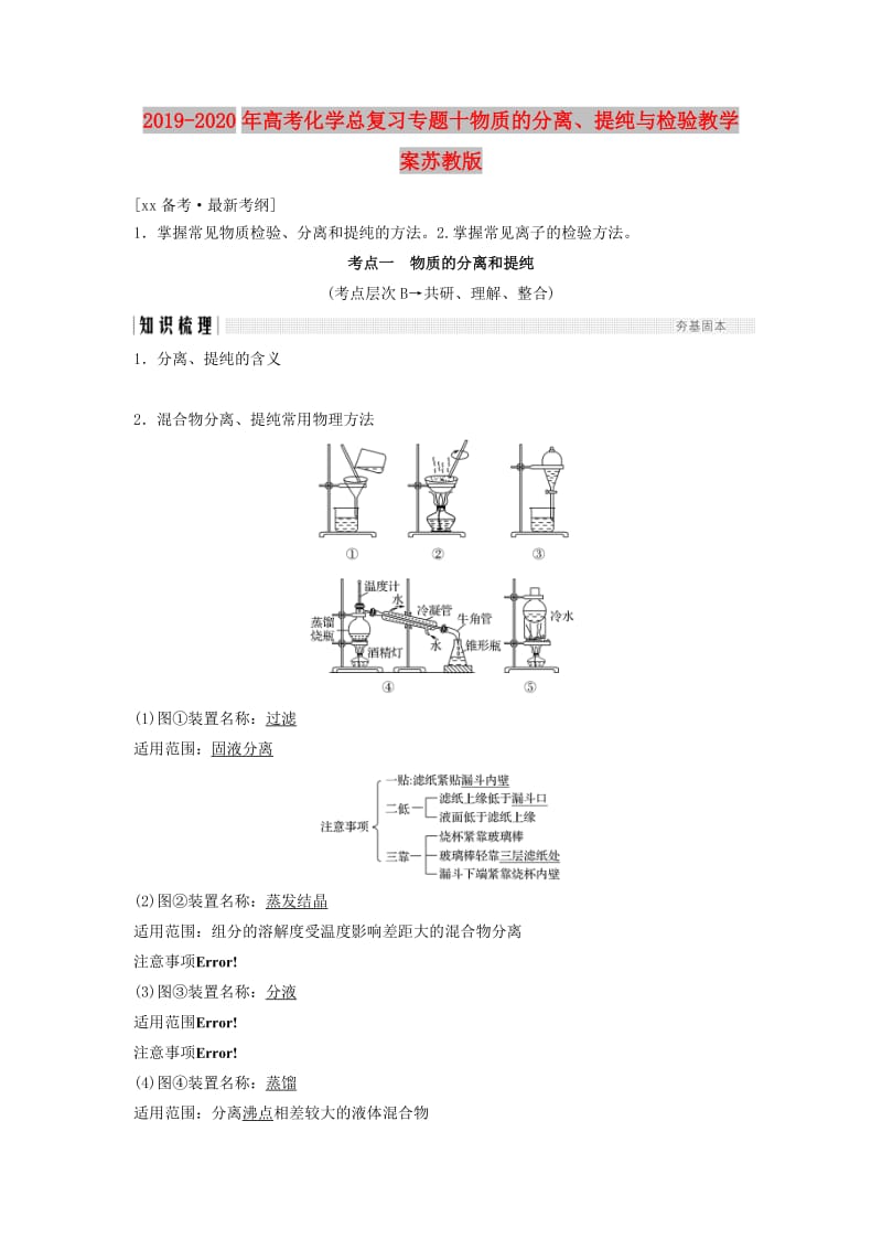 2019-2020年高考化学总复习专题十物质的分离、提纯与检验教学案苏教版.doc_第1页