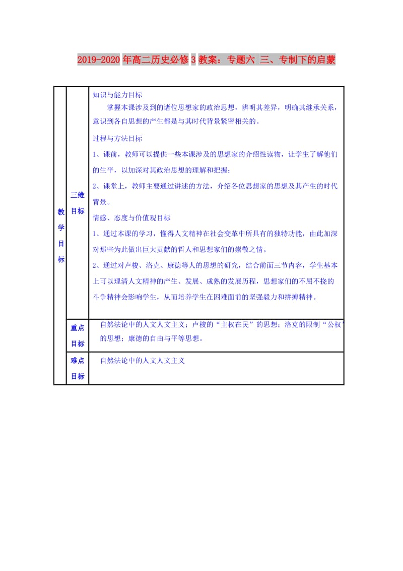 2019-2020年高二历史必修3教案：专题六 三、专制下的启蒙.doc_第1页